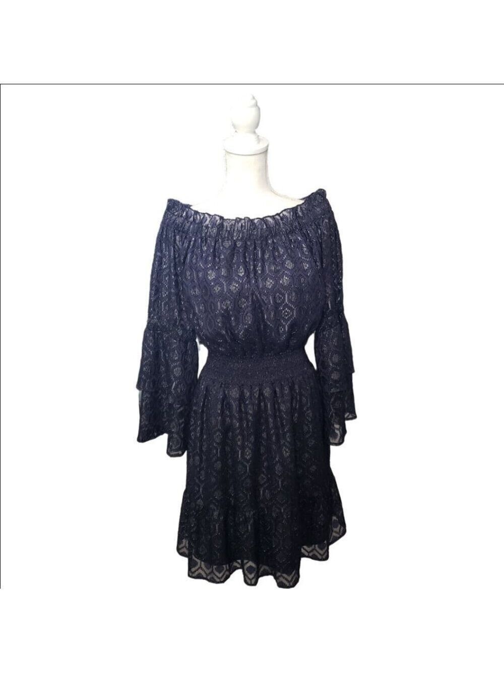Lucky Brand Women’s Medium Navy Off Shoulder Smocked Waist Boho Dress - Picture 4 of 11